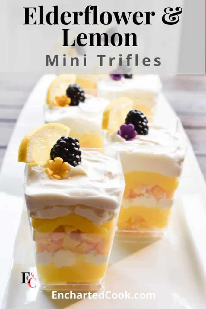 Elderflower and Lemon Mini Trifles on a white serving plate - PIN #5