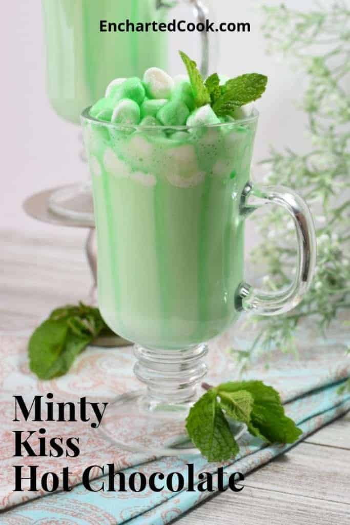 Light Green Hot Chocolate with Mini Marshmallows and Crème de Menthe Drizzle - Pinterest Pin