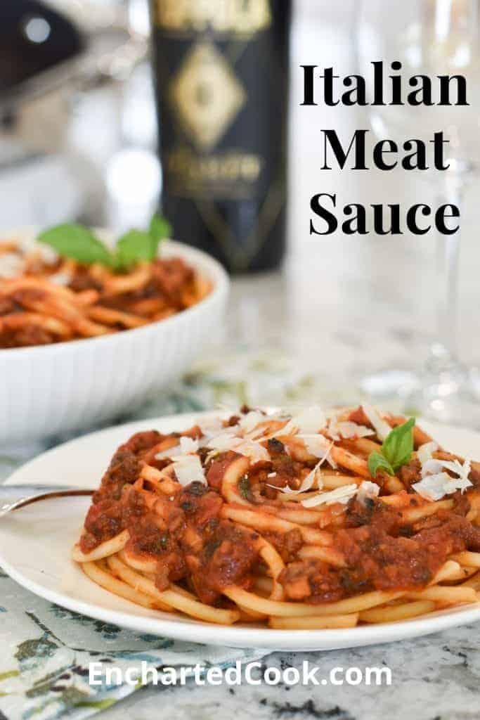 Portrait View of Italian Meat Sauce on a White Plate - Pinterest Pin 1