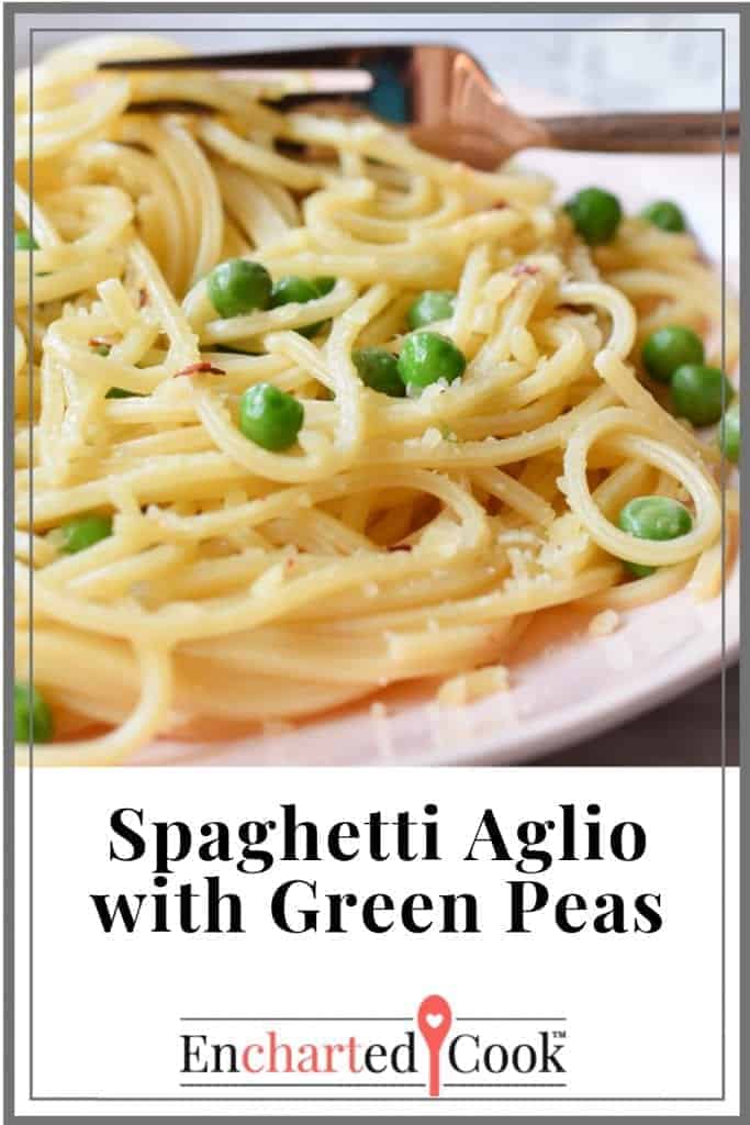 Spaghetti with a light olive oil and garlic sauce. Green Peas and red pepper flakes add extra taste & beauty.