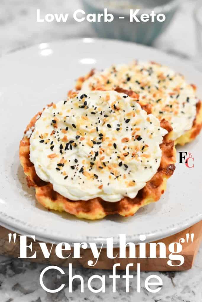 Pinterest PIN #2 - Two round chaffles with cream cheese and "everything seasoning" on a plate.