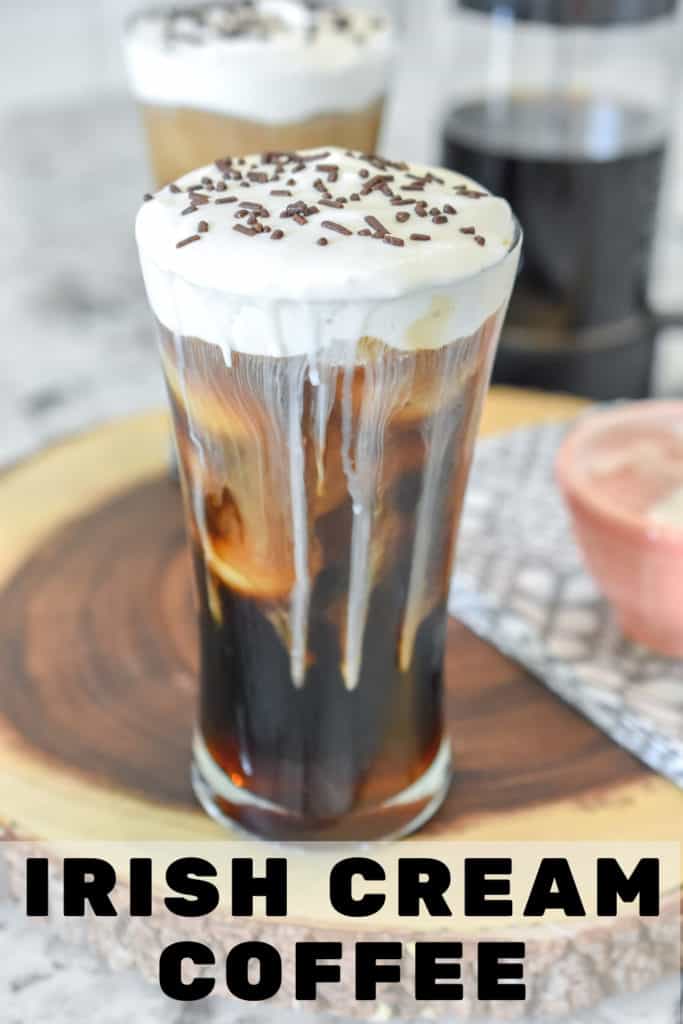 Close up view of an iced coffee with a creamy topping. Pinterest Pin 7