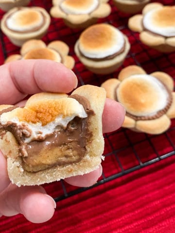 Cut view of a cookie cup shows a melted chocolate covered peanut butter cup topped with a gooey toasted marshmallow.