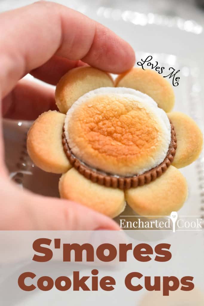 A hand holding a flower shaped sugar cookie cup filled with melted chocolate, peanut butter, and topped with a toasted marshmallow. Pinterest Pin 1