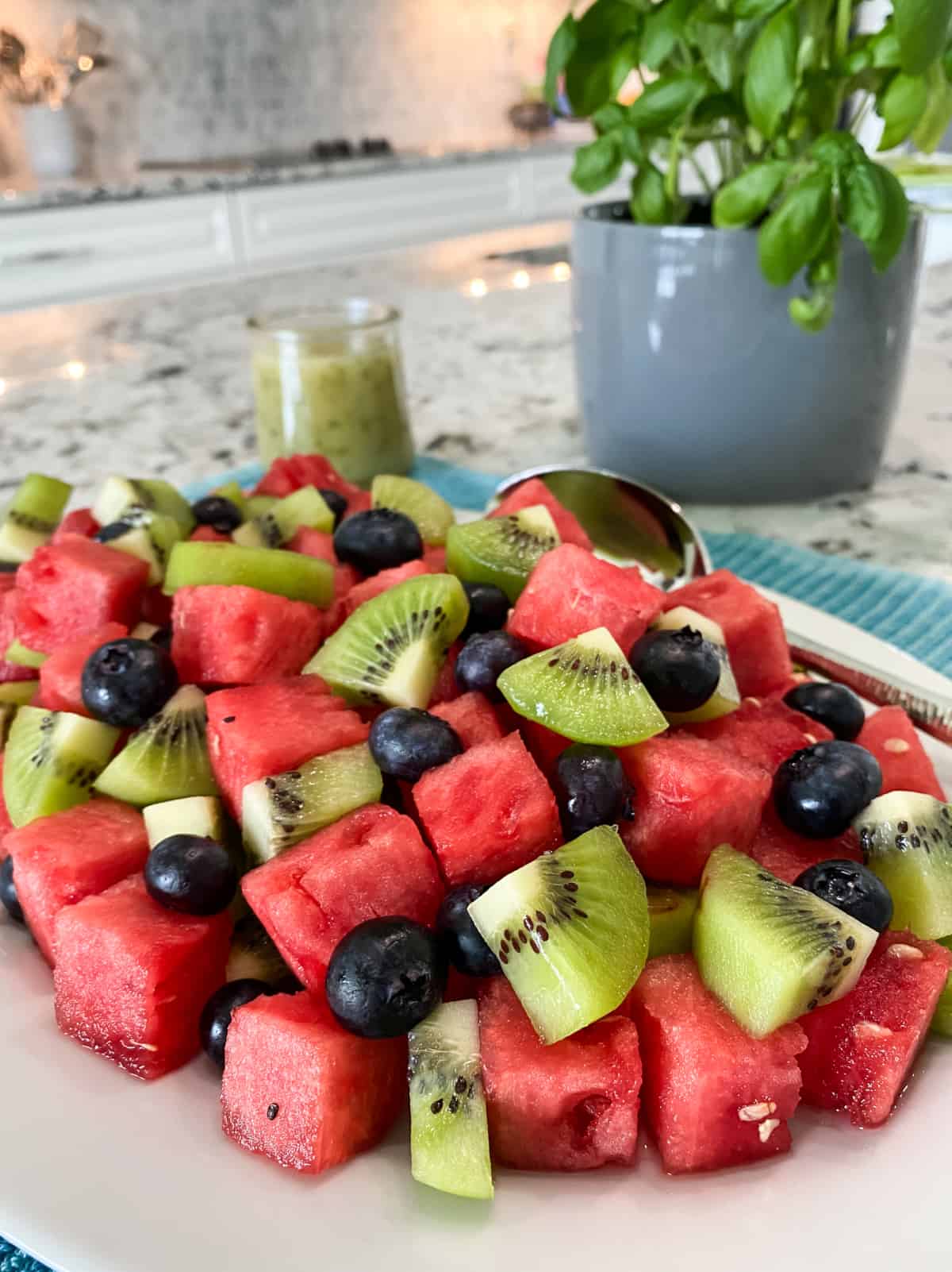 Vertical image of bright red cubes of watermelon, green kiwi, and blueberries piled on a white platter. A light green dressing is in a carafe along with a potted basil plant is in the background.