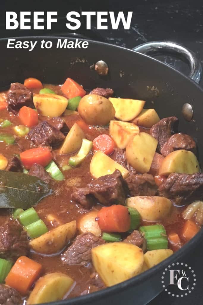 A pan of beef stew with potatoes, carrots, and celery. Pinterest pin with text overlay #10-B.
