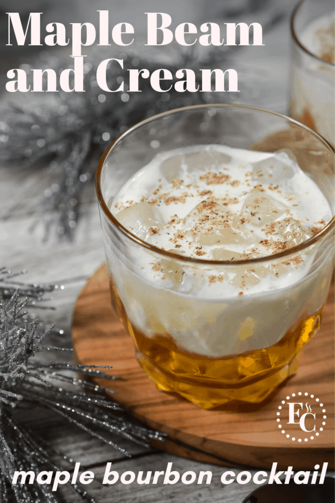 Cocktail on the rocks with a float of cream and a dusting of nutmeg on a wooden serving board. PIN 1