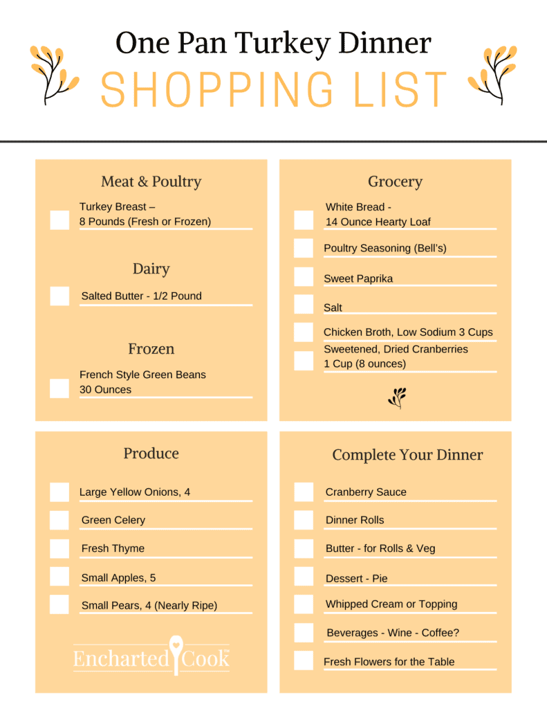 Printable shopping list in orange and white for turkey dinner.