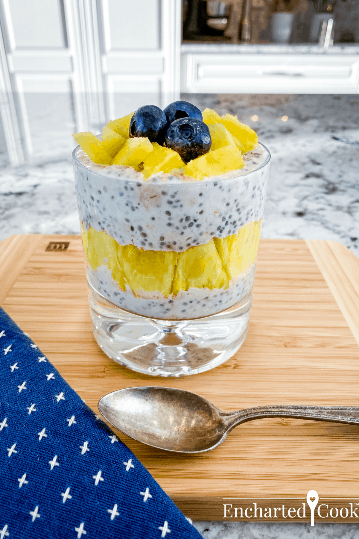 Pineapple layered with refrigerator oatmeal with a few blueberries.