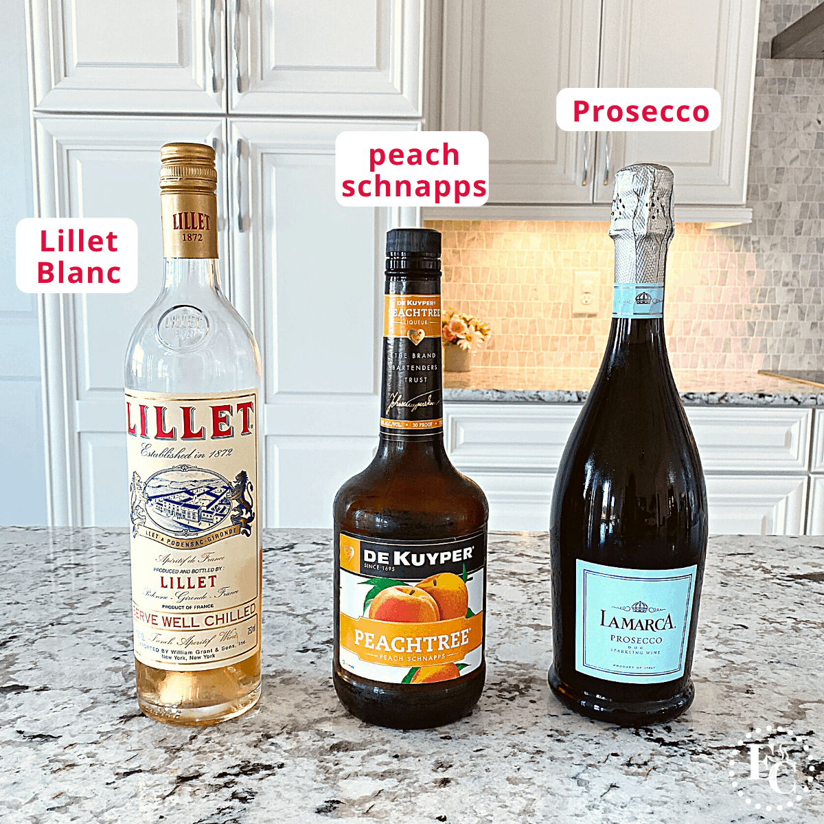 Square image of the labeled ingredients, from left to right: Lillet Blanc, peach schnapps, and Prosecco.