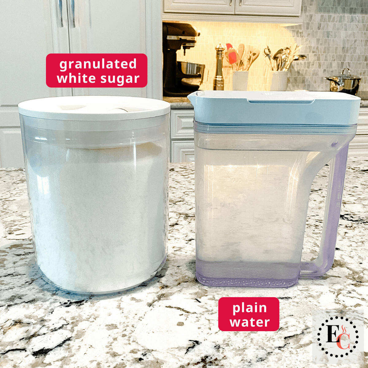 The ingredients: granulated white sugar in a clear canister and plain water in a clear pitcher.