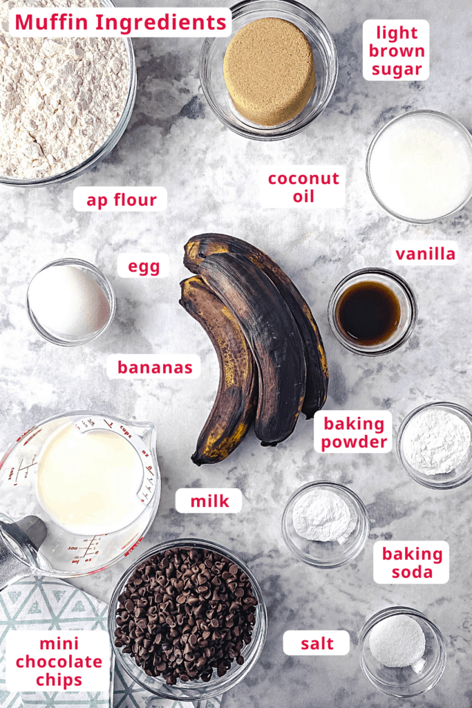 Ingredients for banana chocolate chip muffins.
