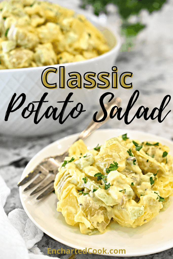 A small white plate with a serving of classic potato salad. A bowl of potato salad is in the background.