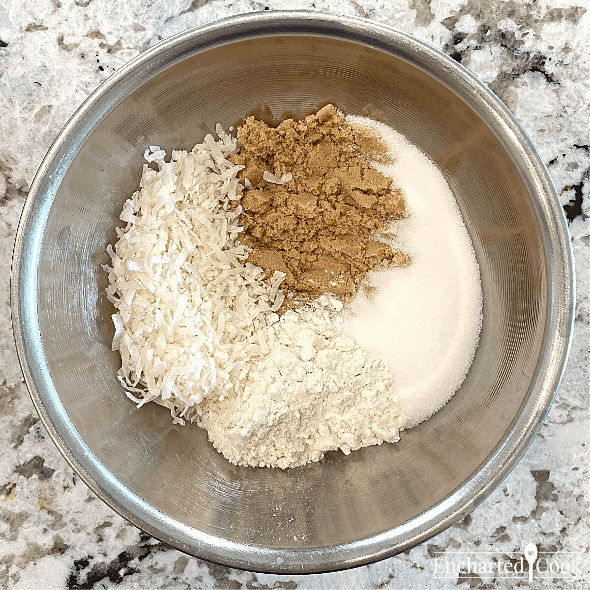The dry ingredients for coconut crumb topping in a small bowl.