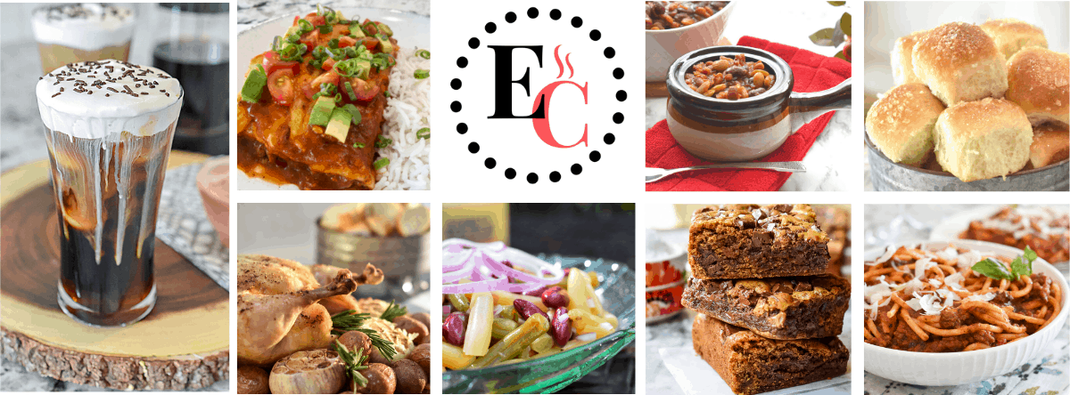 A collage of recipe photos and the black and red circle logo for Encharted Cook.