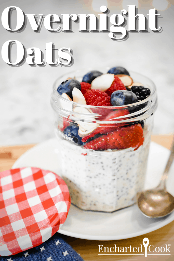 Overnight oats topped with fresh berries in a glass jar. Pinterest Pin #7.