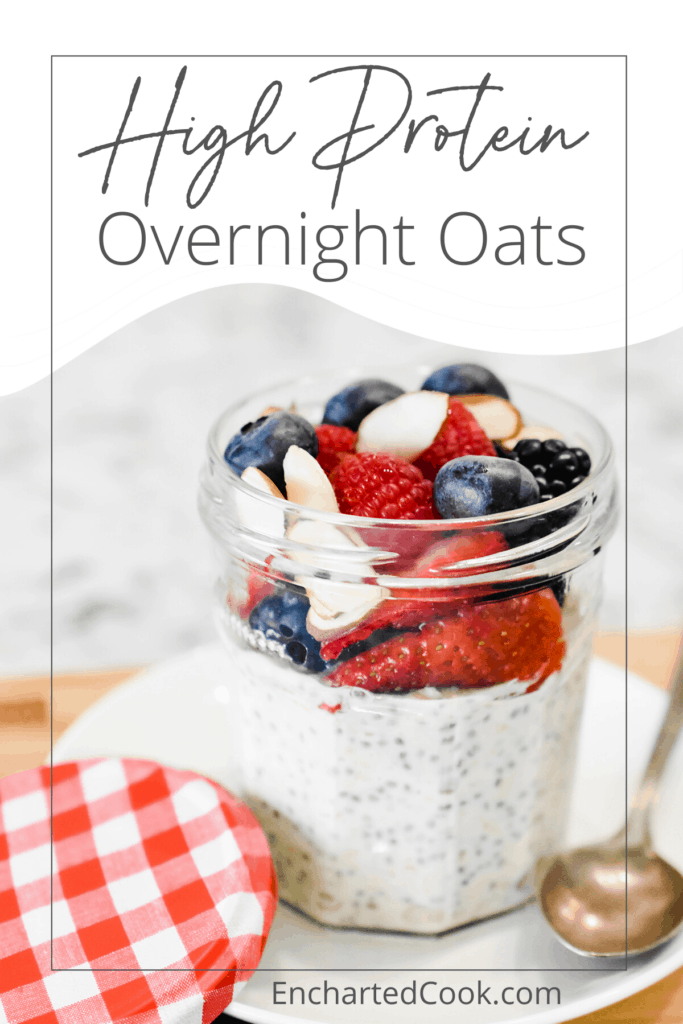 Overnight oats topped with fresh berries in a glass jar. Pinterest Pin #8.