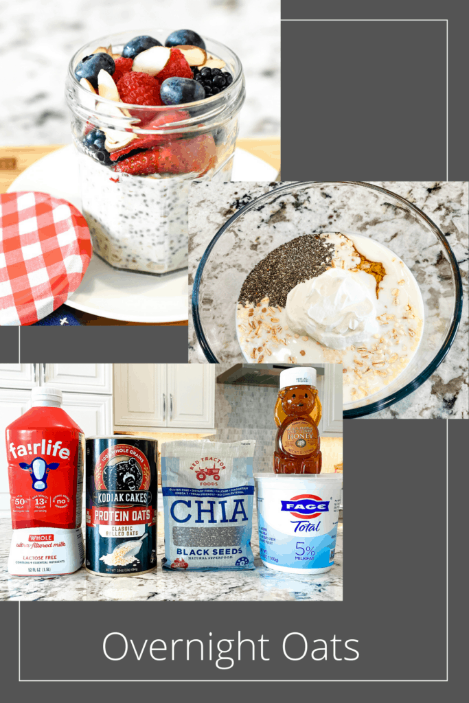 A trio of overnight oats images: the ingredients in their packaging, the ingredients in a glass bowl, and overnight oats in a glass jar topped with fresh berries. Pinterest Pin #9