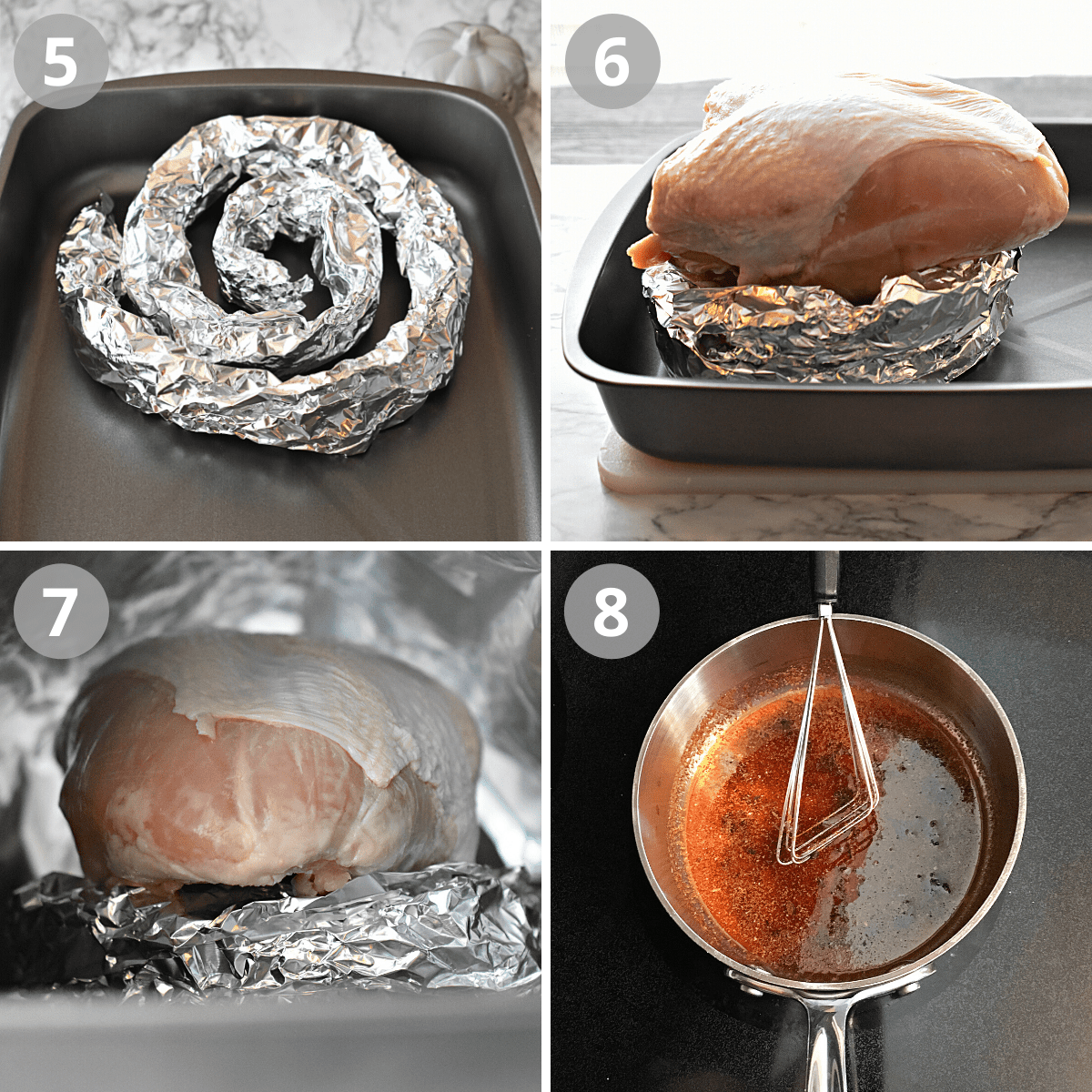 Four images showing the steps to prepare a turkey breast for roasting.