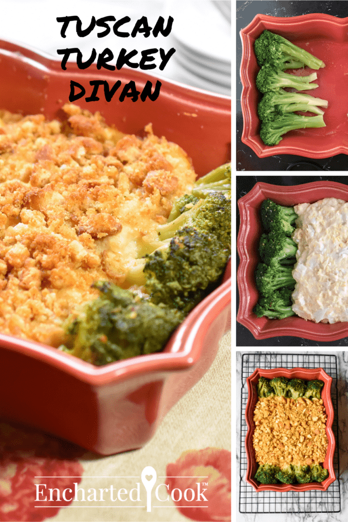 A red casserole of turkey divan and photos of how to make it. Pinterest Pin #8.