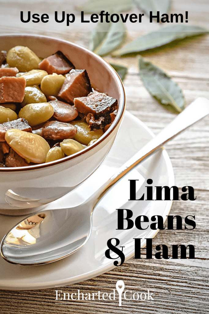 Bowl of lima beans and pieces of ham.