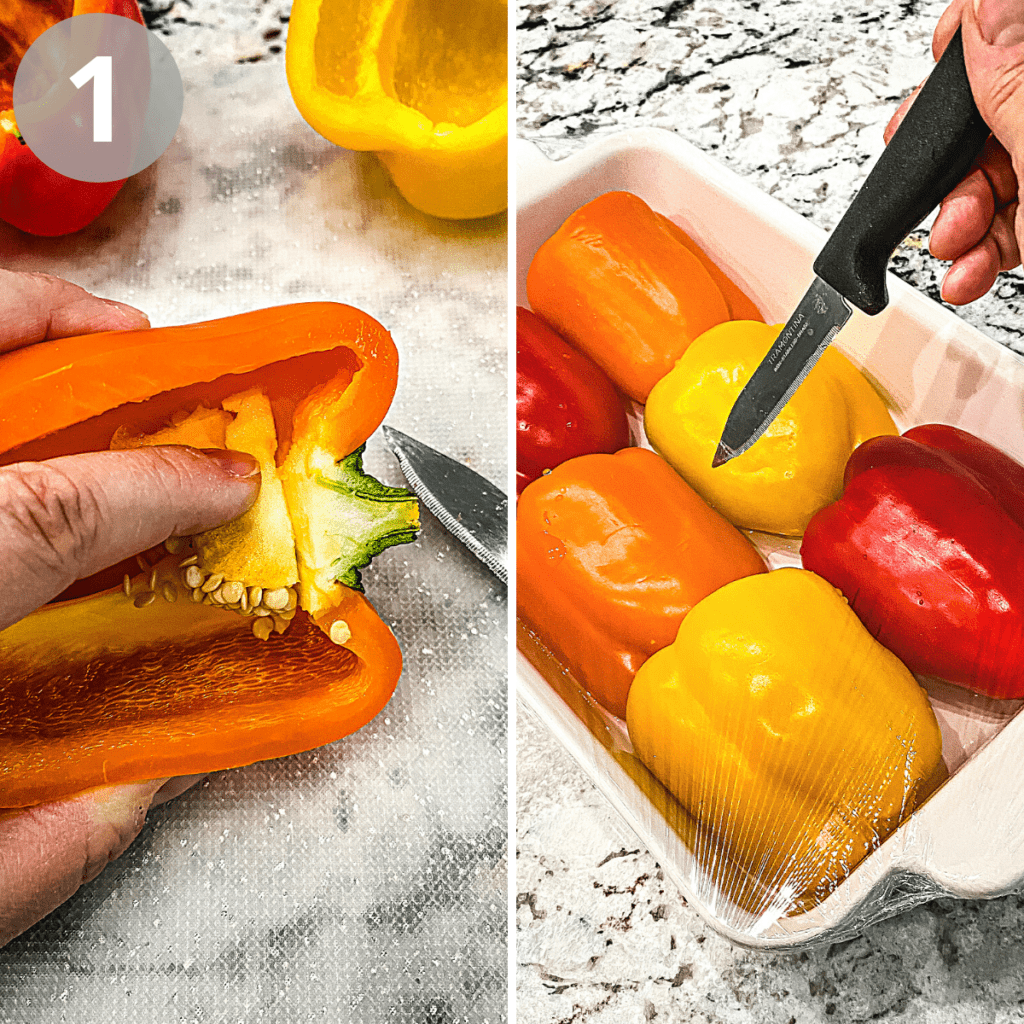 Two images of preparing the bell peppers.