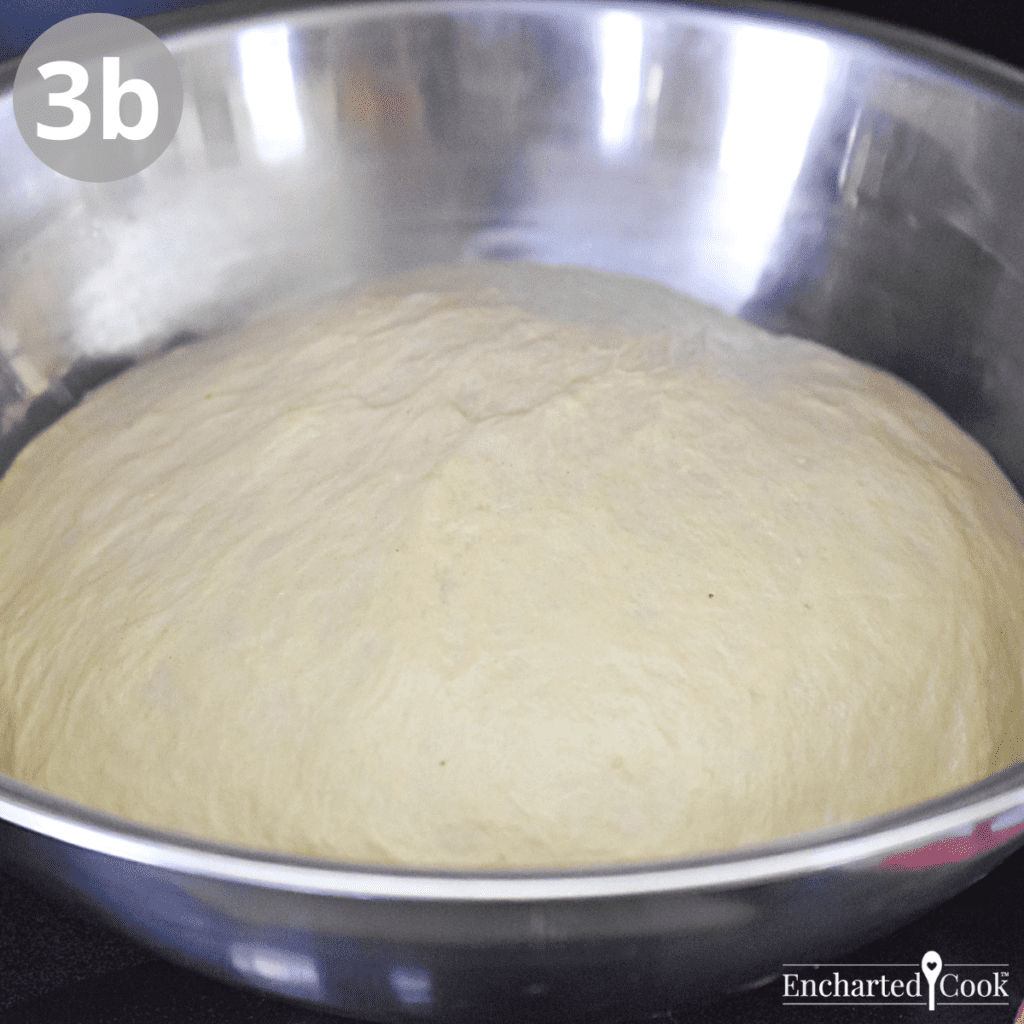 The dough has risen in a large bowl and is quadrupled in size.