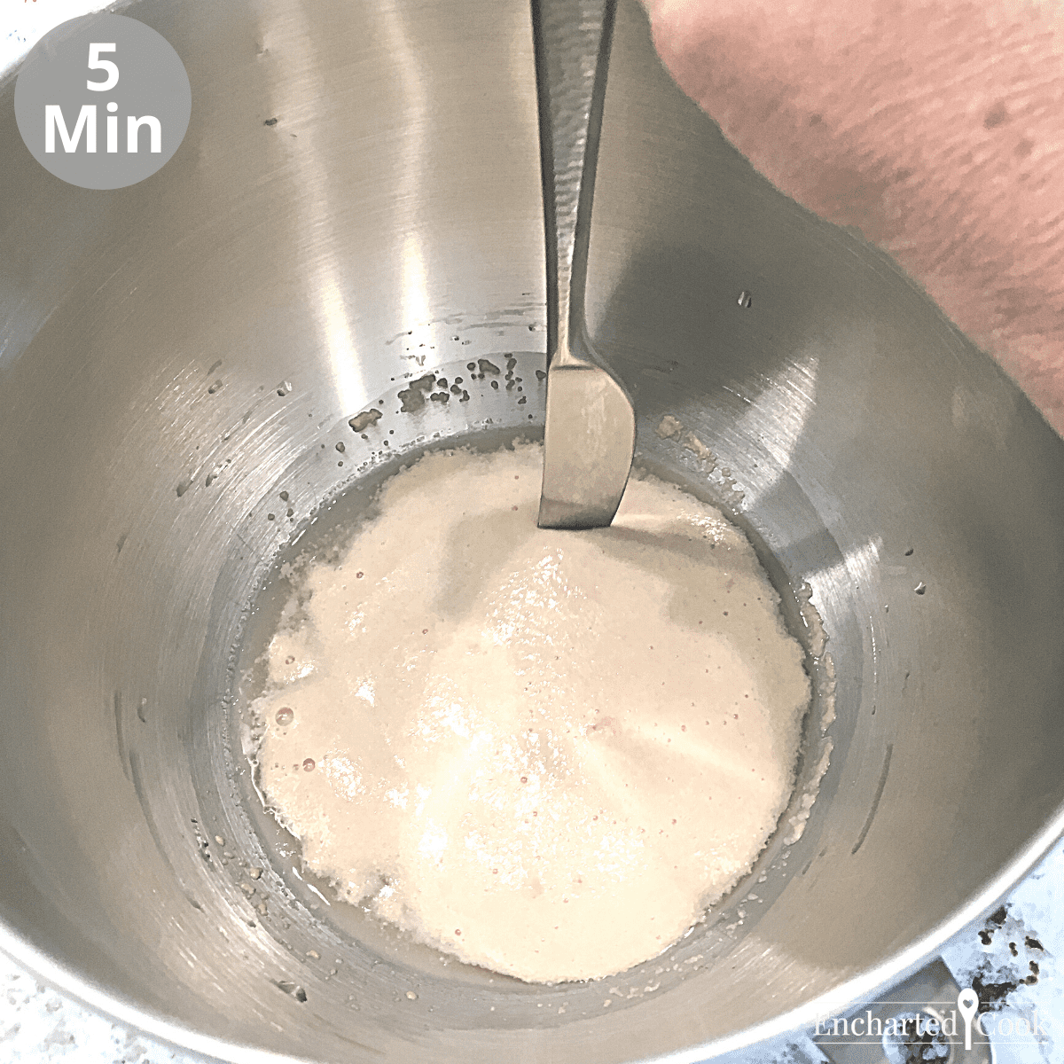 Water, yeast, and sugar mixed together in a stand mixer bowl is slightly foamy. Elasped time is 5 minutes.