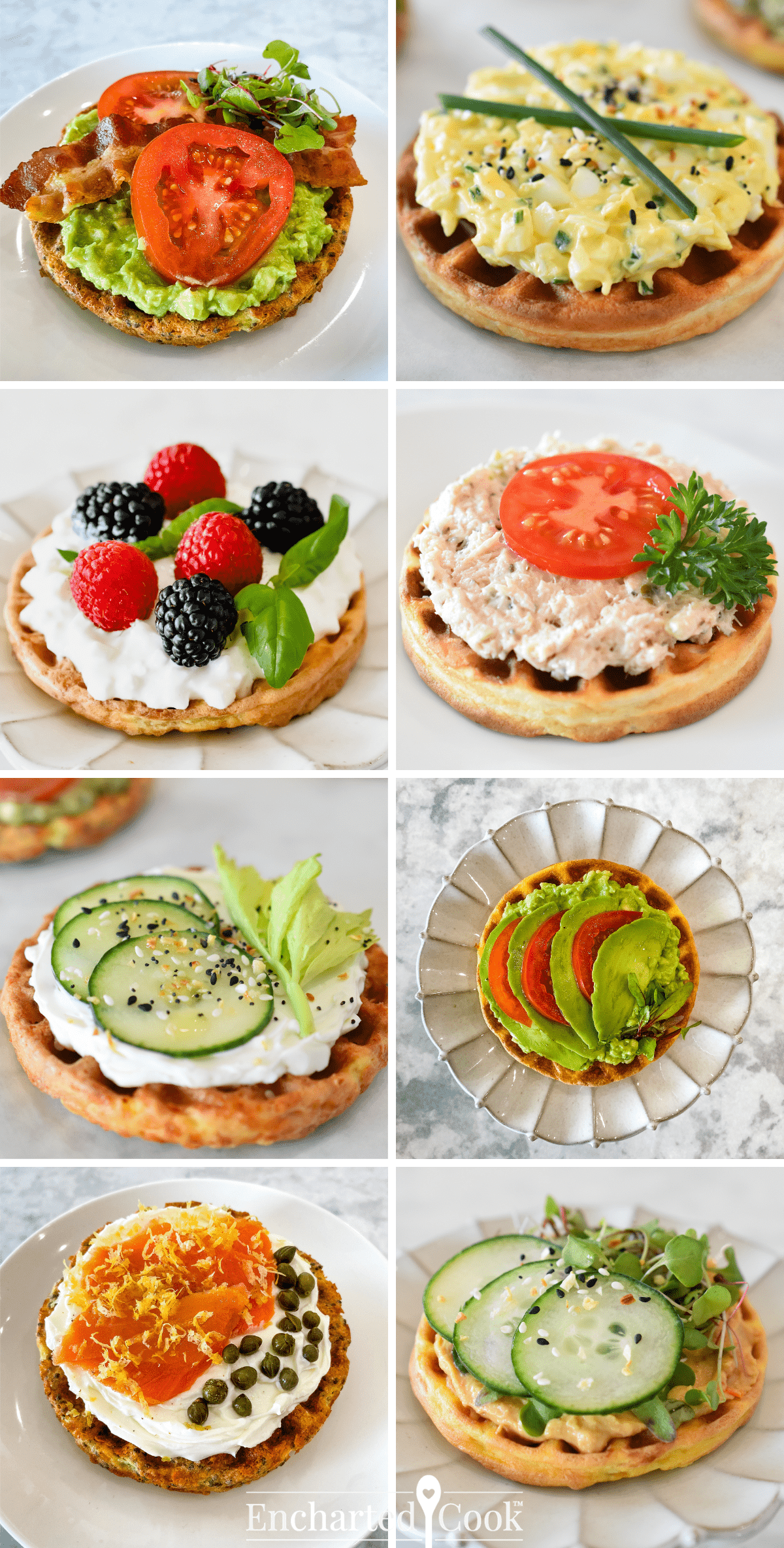 A collage of 8 images of chaffles with various toppings.