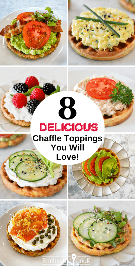 A collage of 8 images of chaffles with various toppings and a text overlay.