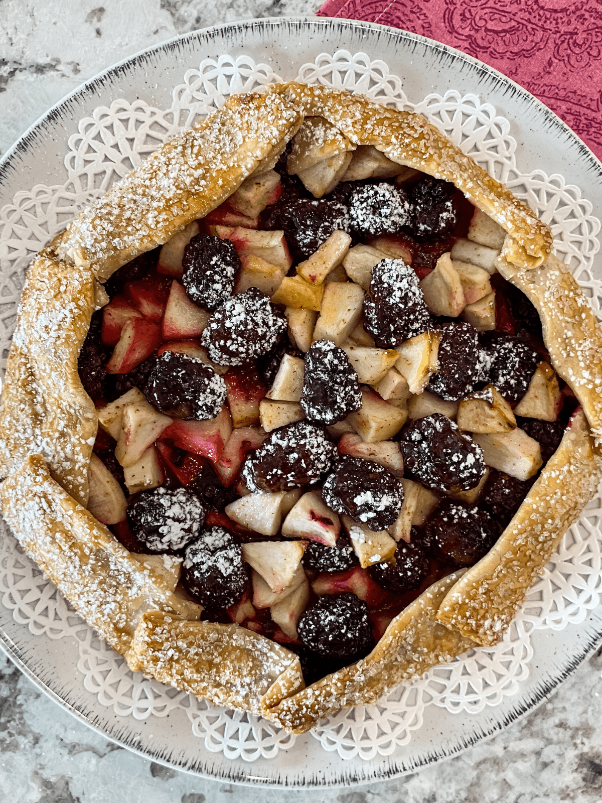Close up view of a tart on a plate.