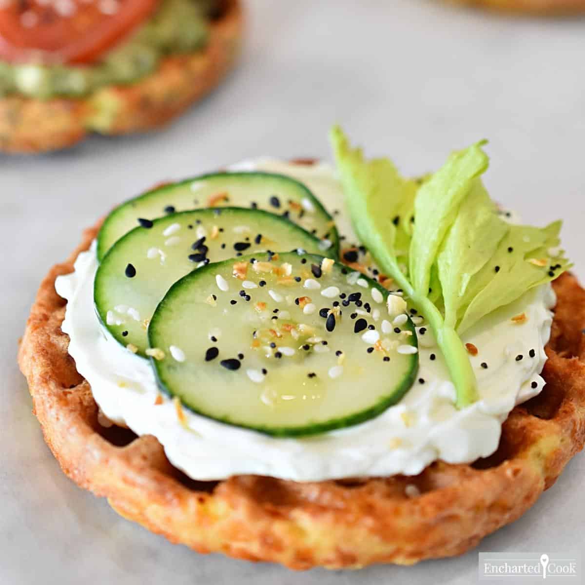 Cucumber and cream cheese on an almond flour cheese waffle.