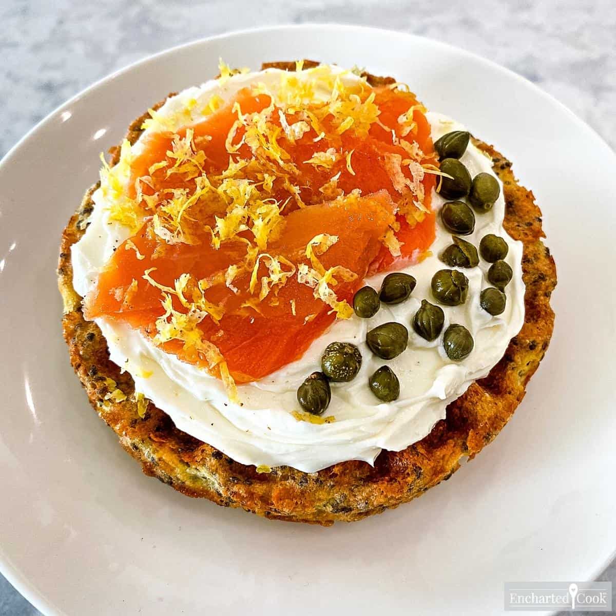 Smoked salmon, capers, and cream cheese on a chia seed chaffle.