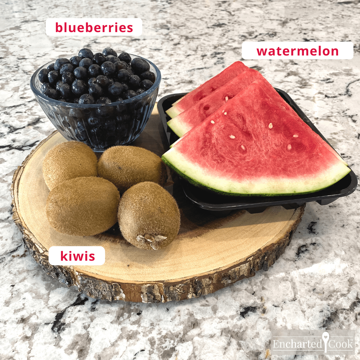 Fruit ingredients, clockwise from top right: watermelon, kiwis, and blueberries.
