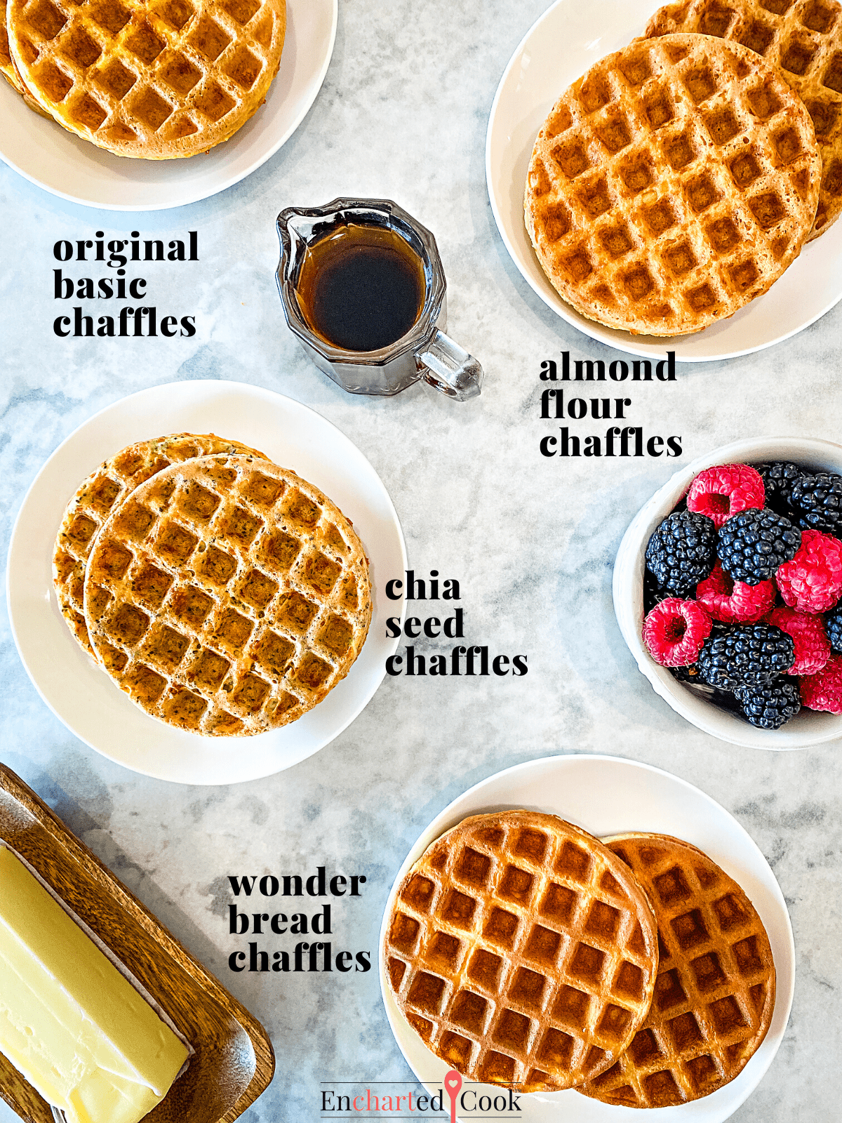 4 Kinds of Chaffles on white plates with text overlay.