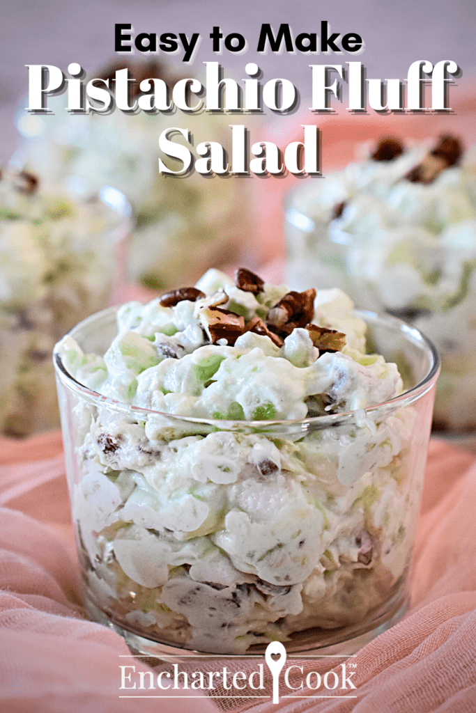 Pale green fluff salad with chopped pecans in a small glass cup with text overlay.