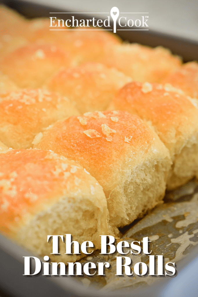 Dinner rolls in a baking pan with text overlay.