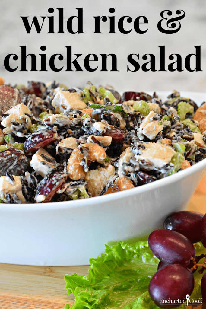 Chicken Salad in a white bowl with text.
