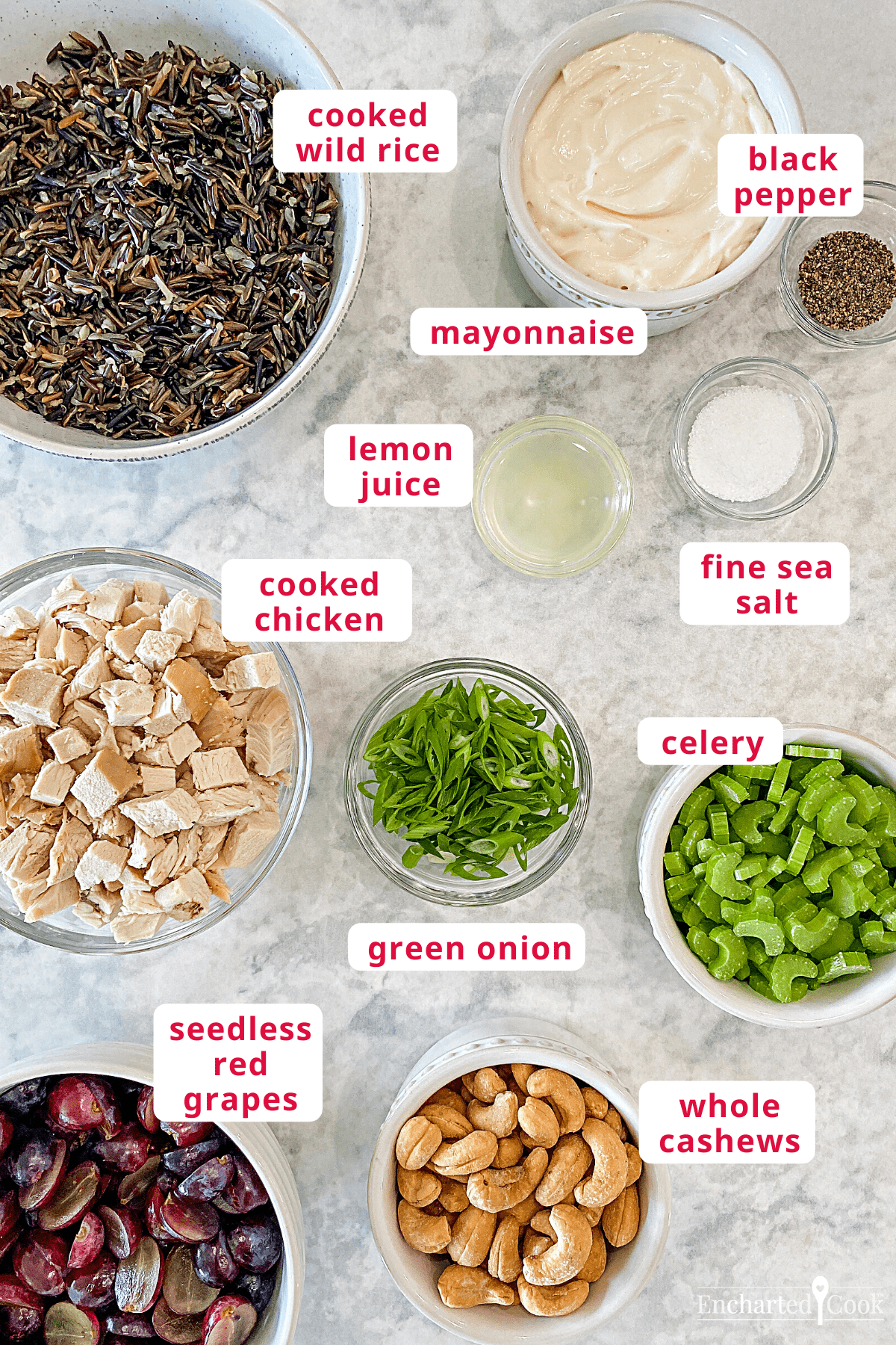 The ingredients, clockwise from top right: black pepper, fine sea salt, celery, whole cashews, seedless red grapes, green onion, cooked chicken, lemon juice, mayonnaise, cooked wild rice.