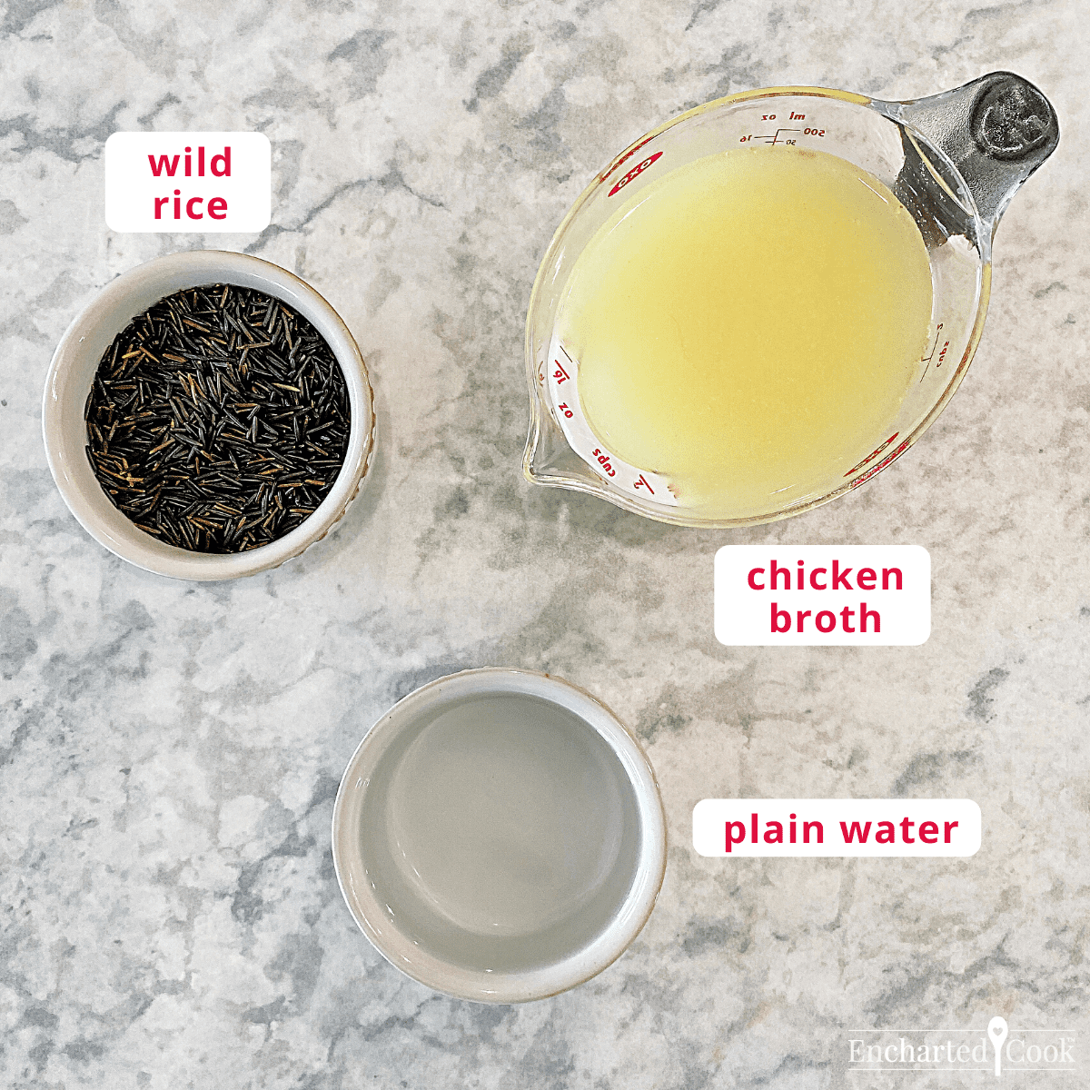 The ingredients, clockwise from top left: wild rice, chicken broth, plain water.