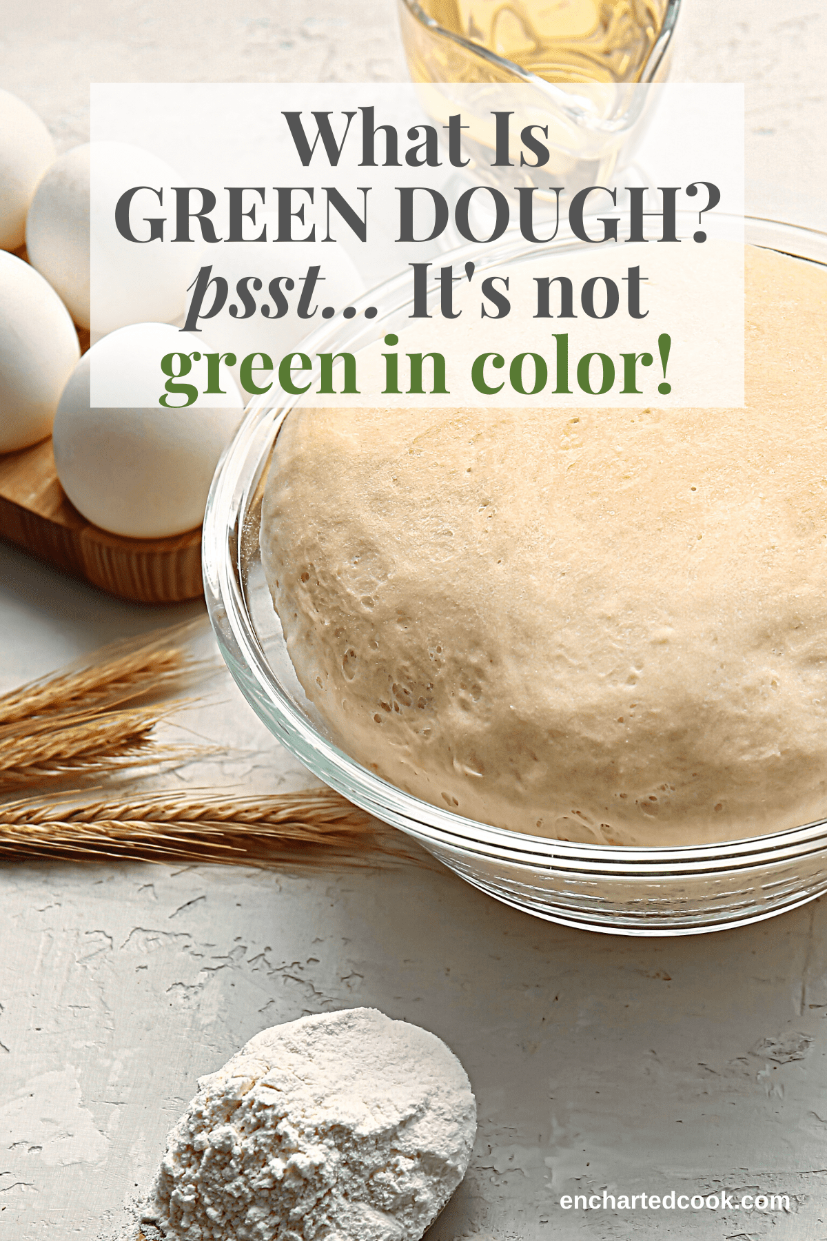 Vertical image of raw risen dough and ingredients with text overlay.