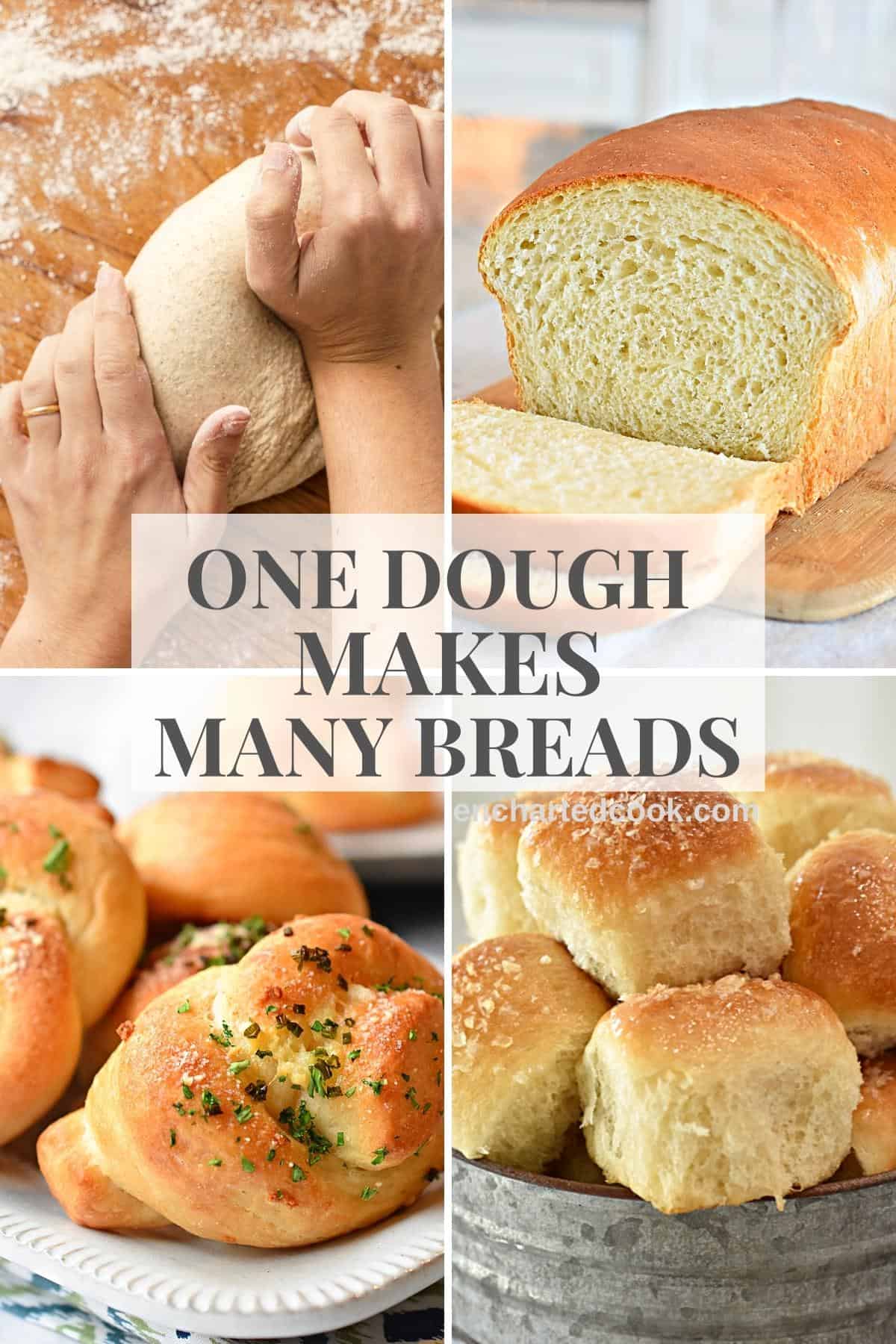 A collage of 4 images of dough and bread with text overlay.