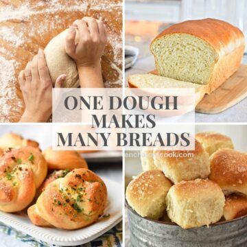 A square collage of 4 images of dough and bread with text overlay.
