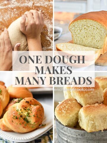 A square collage of 4 images of dough and bread with text overlay.