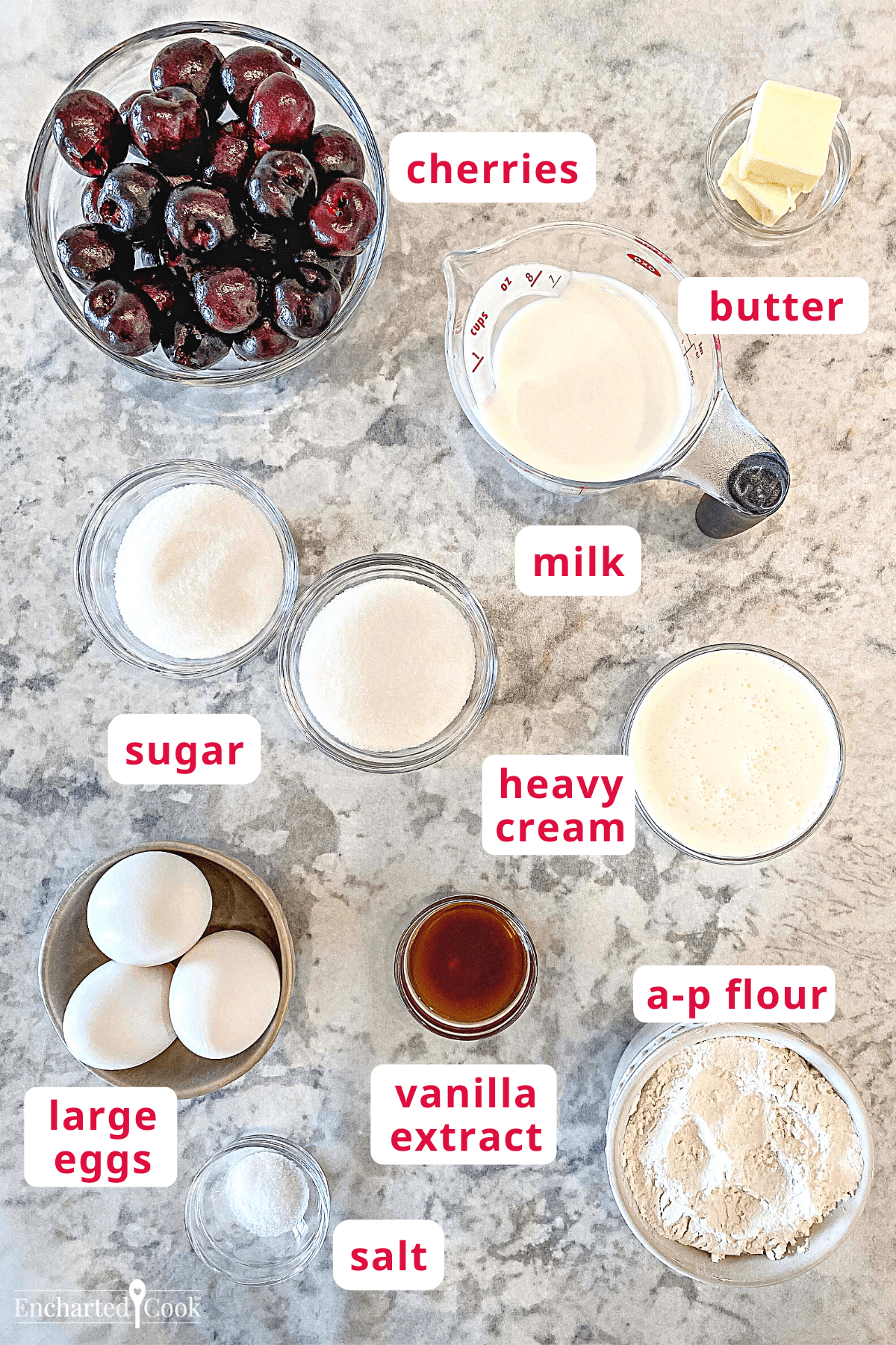 Ingredients clockwise from top: cherries, butter, milk, heavy cream, a-p flour, vanilla extract, salt, large eggs, and sugar.