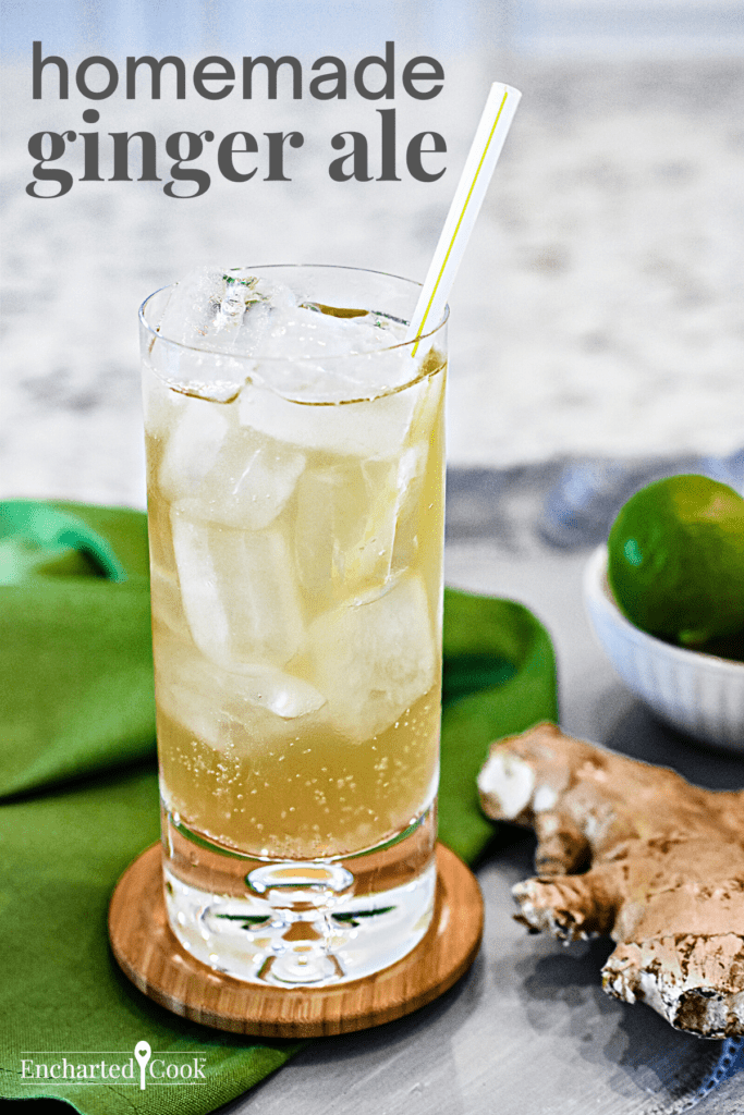 A golden brown beverage in a tall glass with a lime wedge and a straw with text overlay.