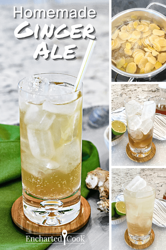 A collage of images of how to make homemade ginger ale with text overlay.
