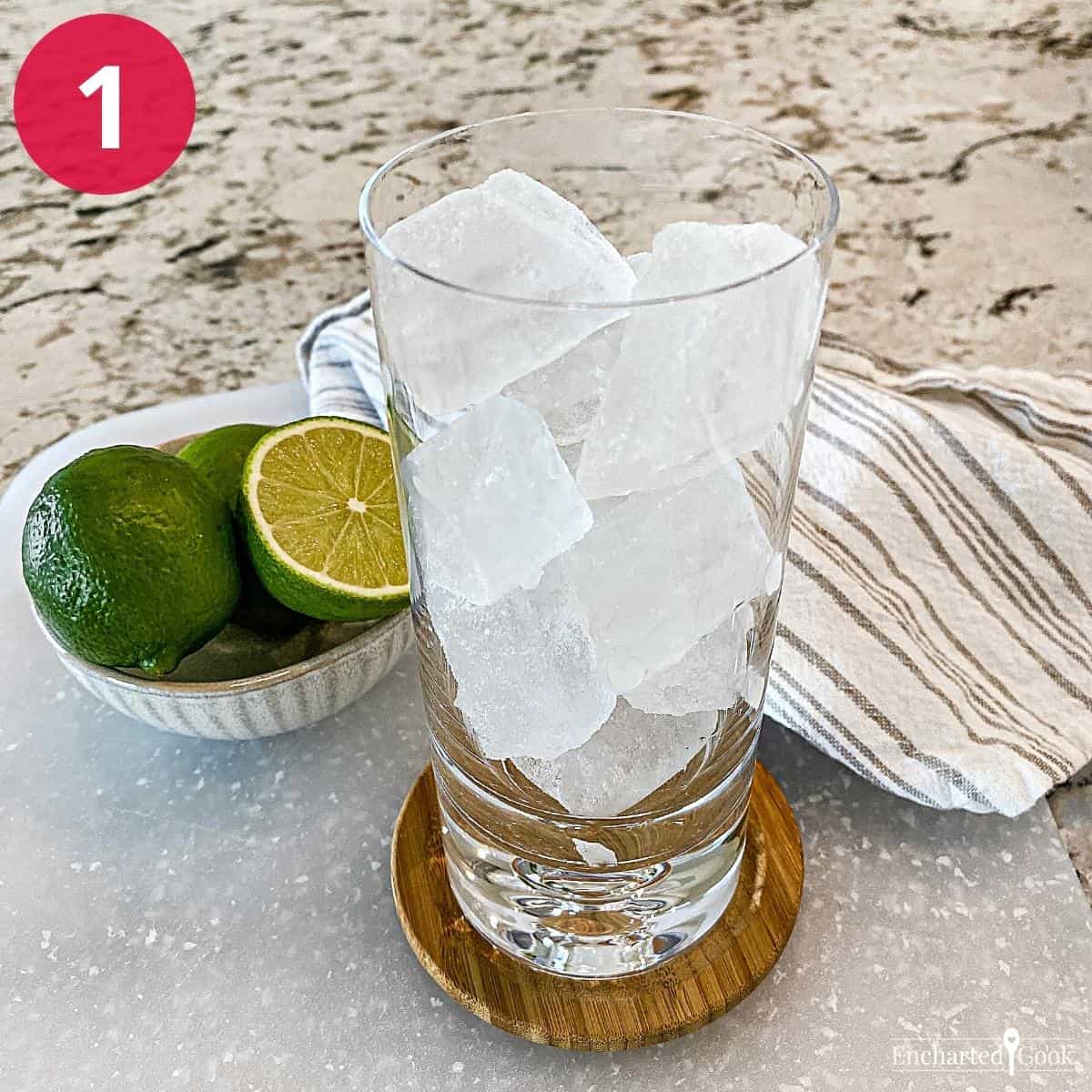 Ice cubes in a tall glass.