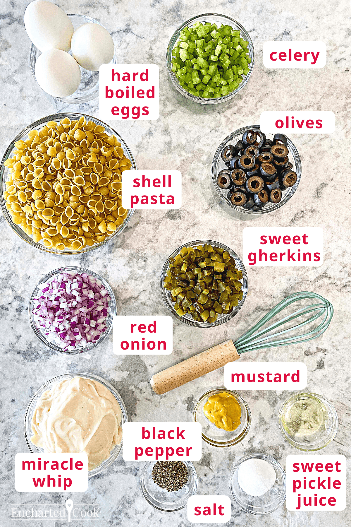 Ingredients labeled clockwise top right: celery, olives, sweet gherkins, mustard, sweet pickle juice, salt, black pepper, miracle whip, red onion, shell pasta, and large eggs.