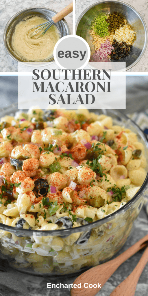 Collage of images of macaroni salad with text overlay.